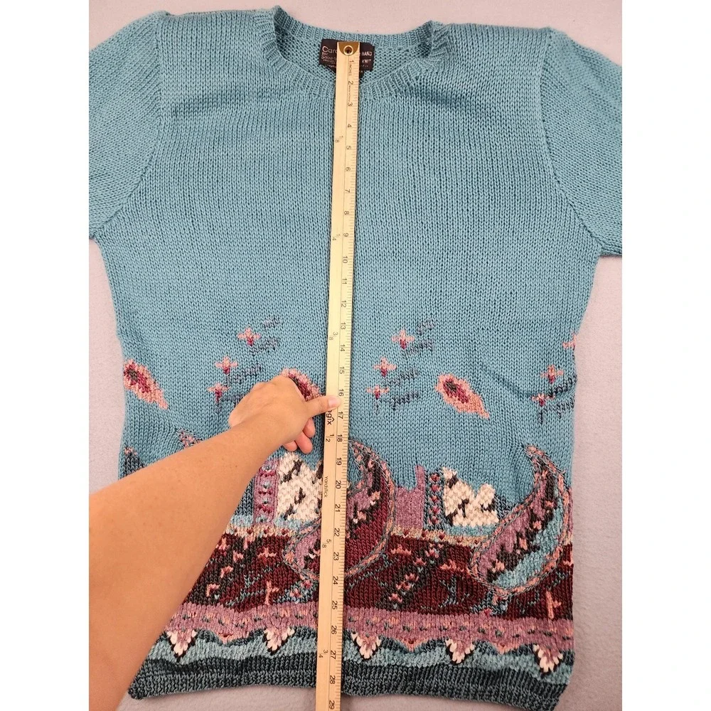 Vintage Carole Little Sweater Tunic Womens L Blue Geometric Embroidered Knit